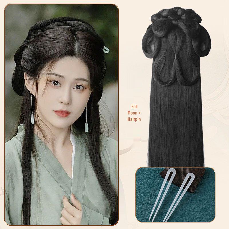 Wei Jin Headdress & Hanfu Costume Wig Set: Includes Warring States Robe, Hair Bun, Ma Mian Skirt, and Hair Accessories.