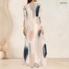 Women Plus Size V Neck Three Quarter Sleeve White Blue Abstract Printed Maxi Dress