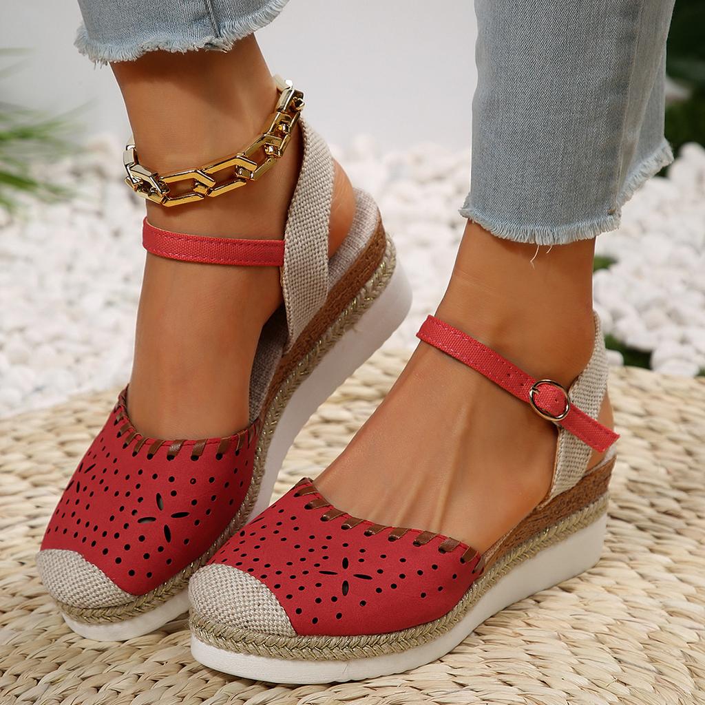 Große Farbabstimmung Tasche Kopf Hinten Leer Sandalen Keilabsatz Leichte Hanfseil Geflochtene Schnalle Plateau-Sandalen