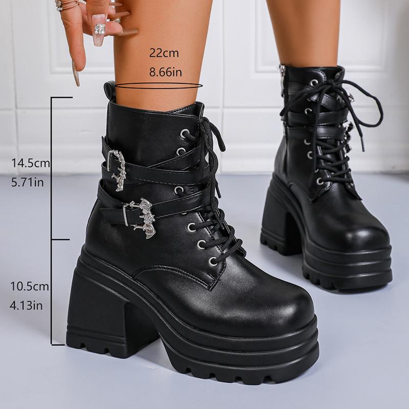 

Модные массивные ботильоны на высоком каблуке для женщин 2025 Толстая платформа Панк Готические ботинки Женские Модные с пряжкой Шнуровка Мотоциклетные боты Женские 42 чёрный