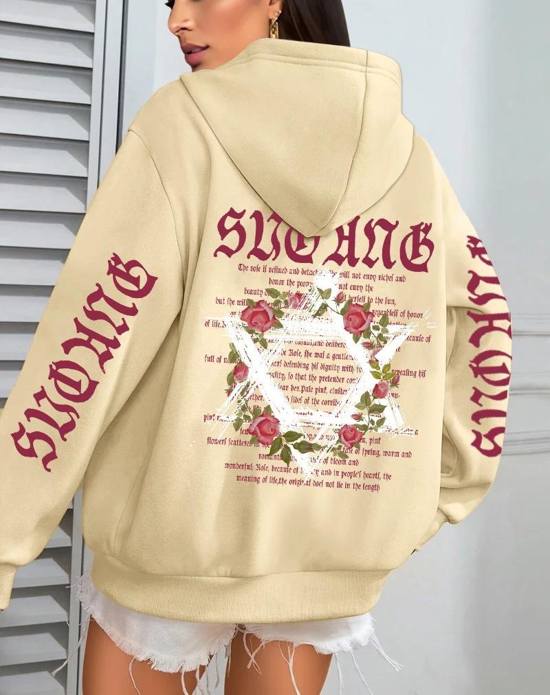 Women's Autumn Loose Fit Fleece Hoodie with Art Print and Pockets