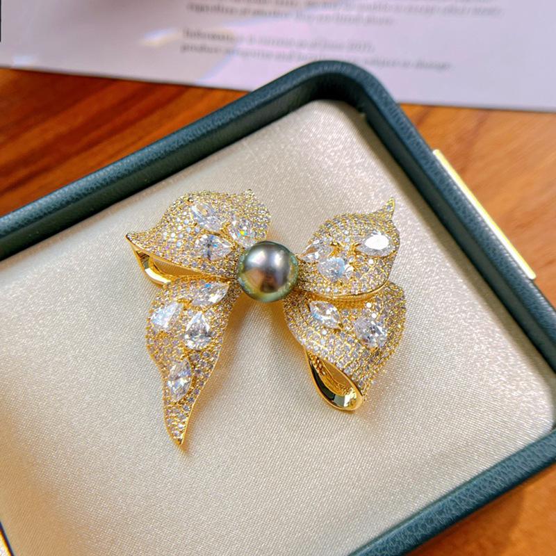 DIY High-Grade Light Luxury Bow Brooch with Gold-Plated Copper, Colored Zircon, and Pearl