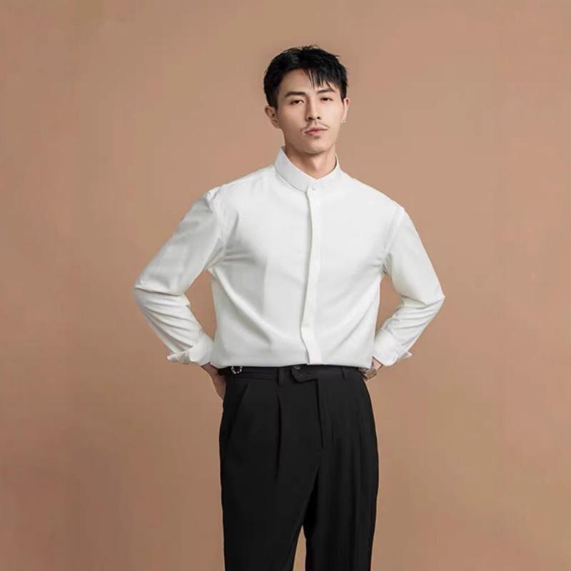 Mens Stand Collar Non Iron Slim Fit Long Sleeve Cool Casual Shirt