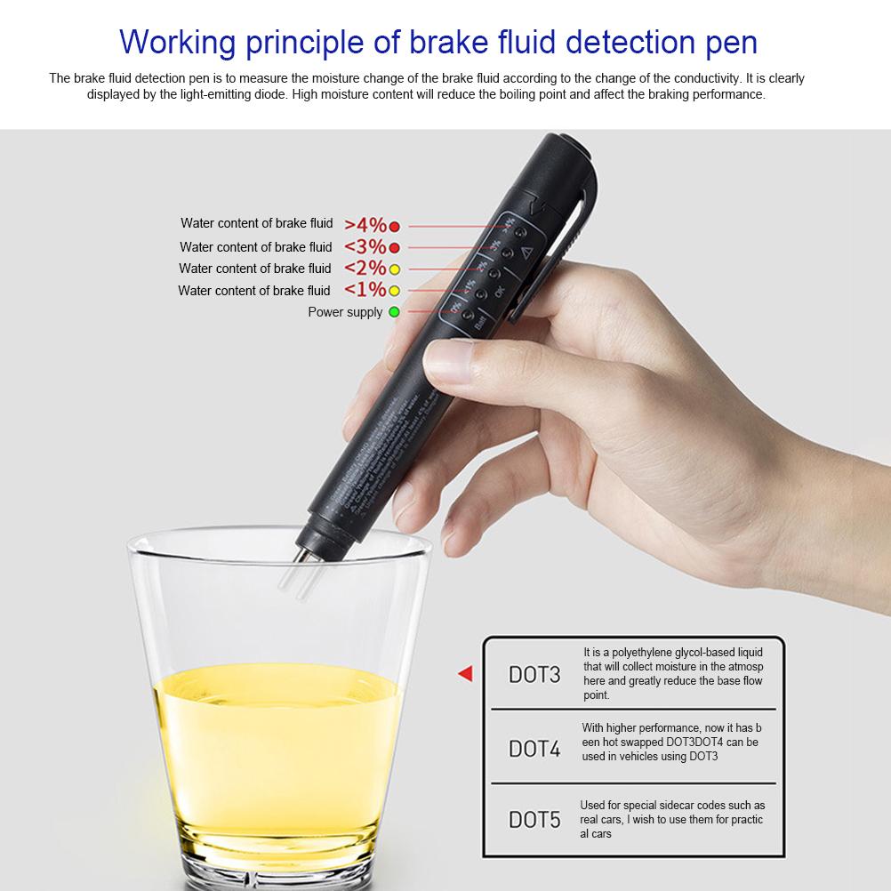Brake Fluid Tester Portable Brake Fluid Liquid Testing Pen with 5 LED Indicators for DOT3 DOT4