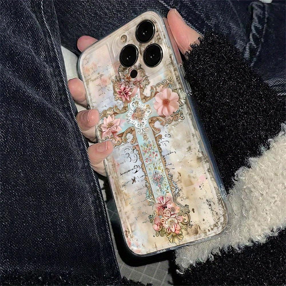 Creative Cross Floral Pattern Transparent Space Phone Case, Suitable for iPhone 17, 16, 15, Plus, Pro, Max Series Phones - Ideal for Gifting