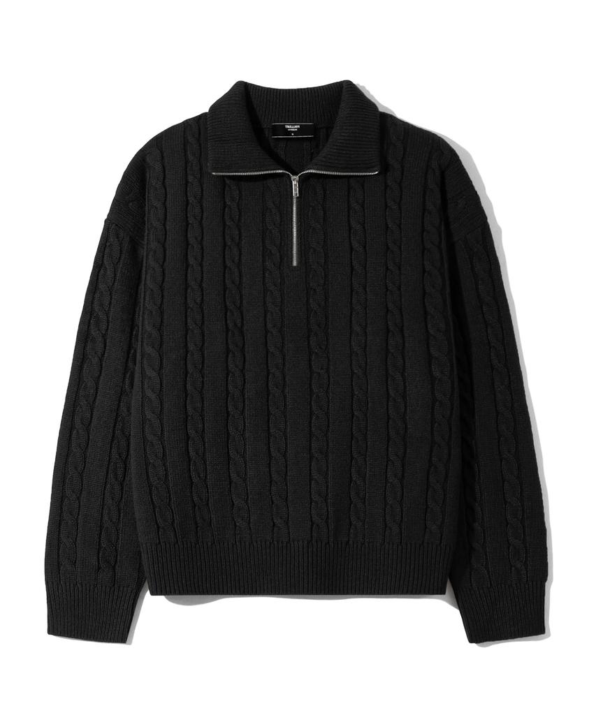 TRILLION Washable Half-Zip Collared Cable Knit (Pure Black)