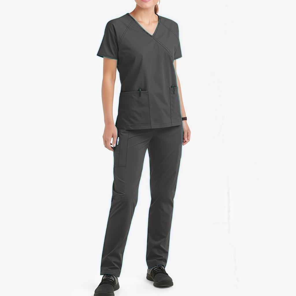 Ladies' Loose And Comfortable V-neck Short Sleeved Stand Up Collar Workwear With Multiple Pockets Suit Set