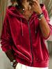 New European and American Casual Solid Color Velvet Drawstring Hooded Zipper Long-sleeved Women's Sweater