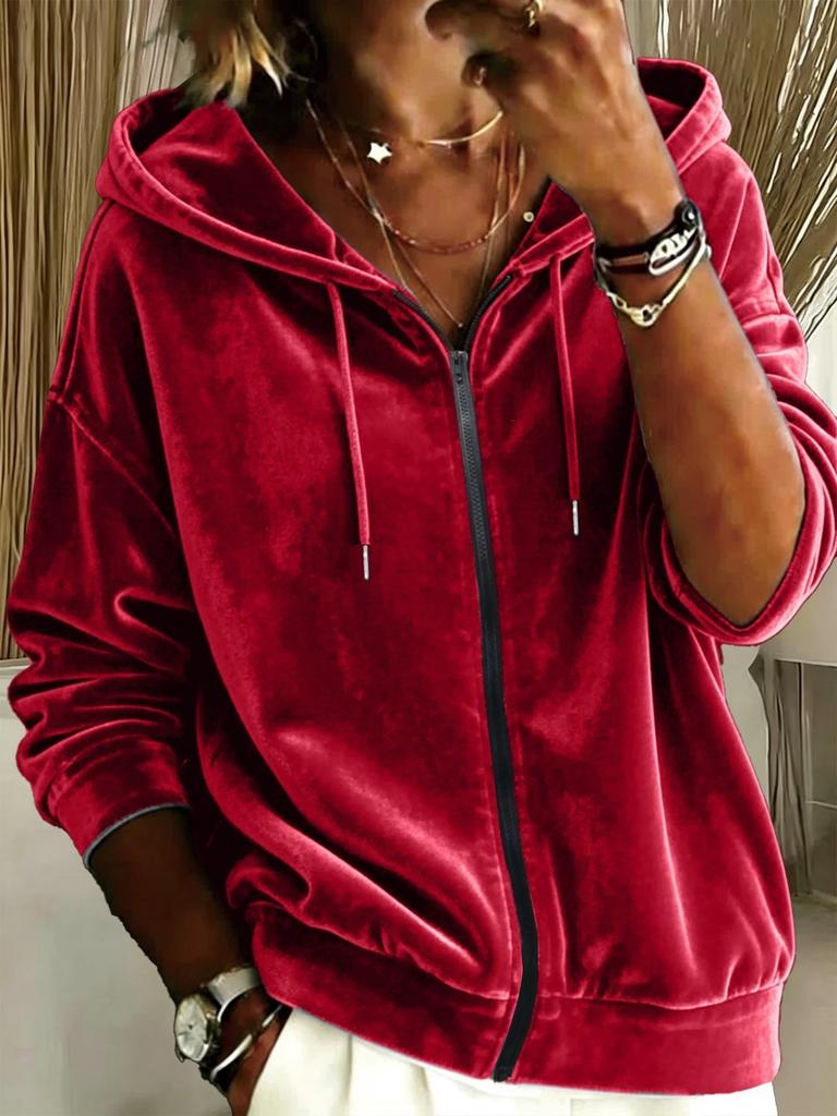 New European and American Casual Solid Color Velvet Drawstring Hooded Zipper Long-sleeved Women's Sweater
