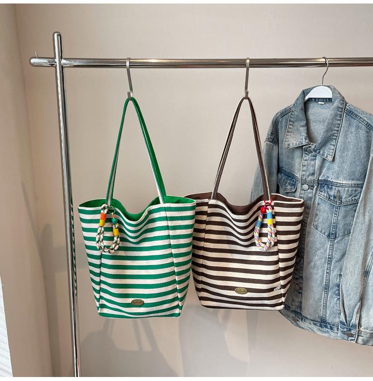 Women's Nylon Cartoon Puppy Embroidery Single Shoulder Tote Bag with Pendant, Striped Double-Sided Design