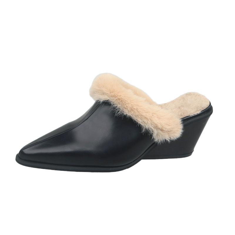 

Block Heel Baotou Slippers Fashion Pointed Toe Deep Mouth Plush Soft Sole Anti-slip Wear-resistant Cotton Shoes 42 чорний