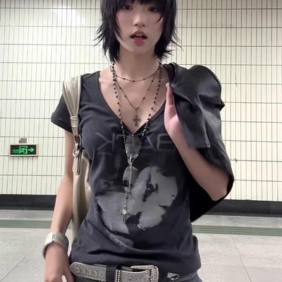 Deep V T-shirts For Women Sexy Tees Printed Retro Girls Y2K Tops Short Sleeve