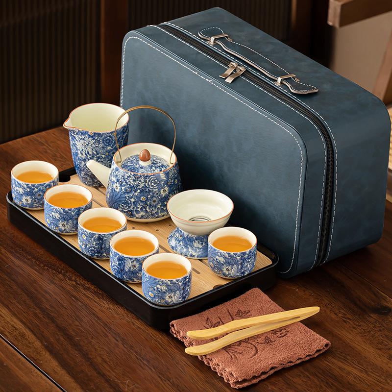 Flowering Huang Ru Kung Fu tea set, household ceramic opening film can raise a whole set of tea trays, light luxury brewing teapot as a gift