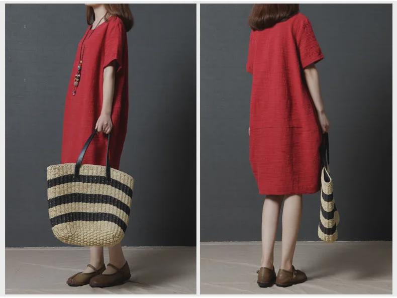 Korean Loose Plus Size Women's Casual Cotton Linen Short-Sleeve Dress