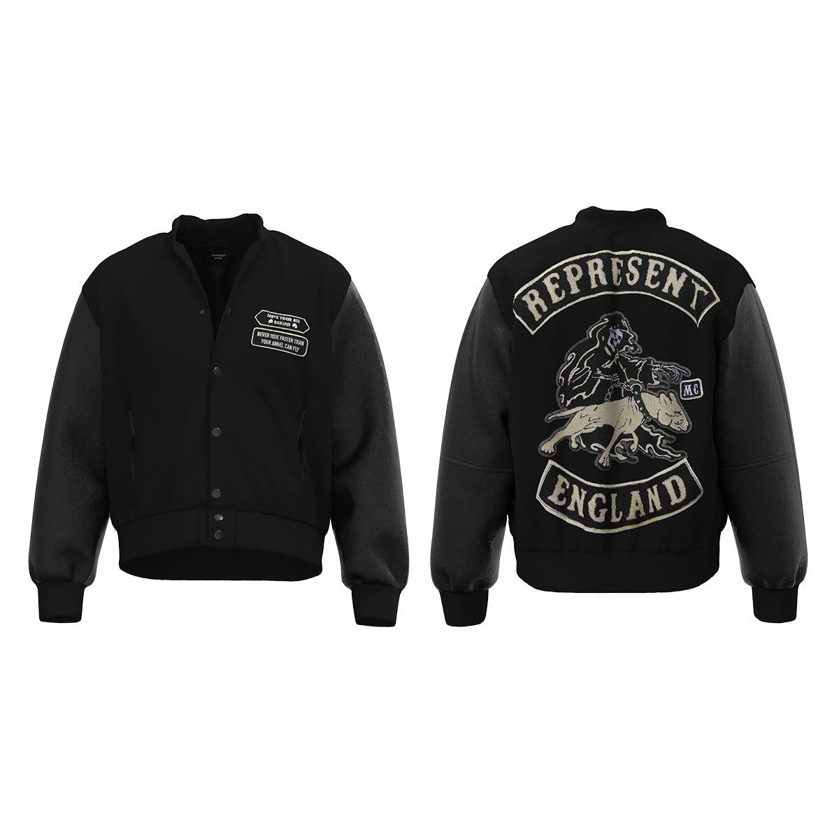 Бейсбольная куртка с вышивкой ангела, пэчворк из кожи, рукава - Унисекс, американская мода для осени/зимы Small