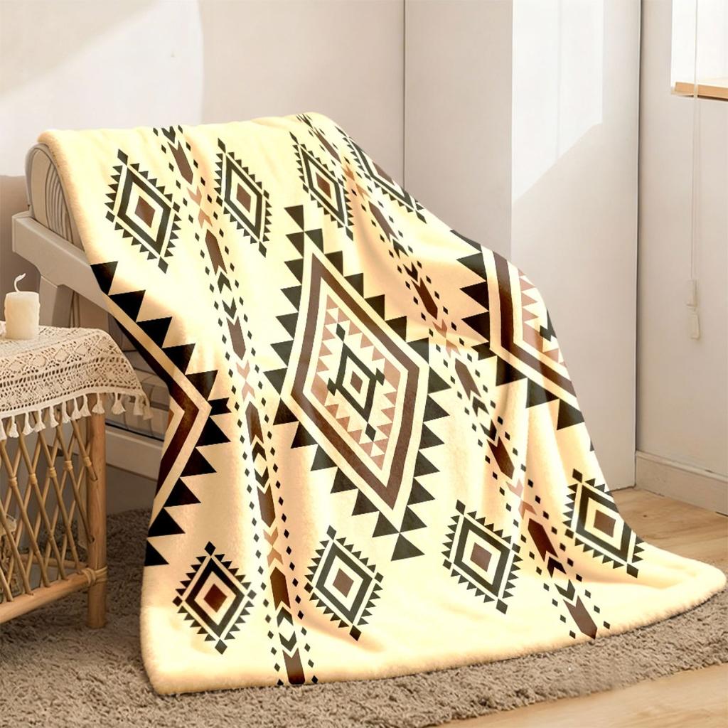 2026 New Arrivals 6 Summer Geometric Tribal Pattern Flannel Blankets Double-Sided Throw with Digital Printing Beige And Brown Geom