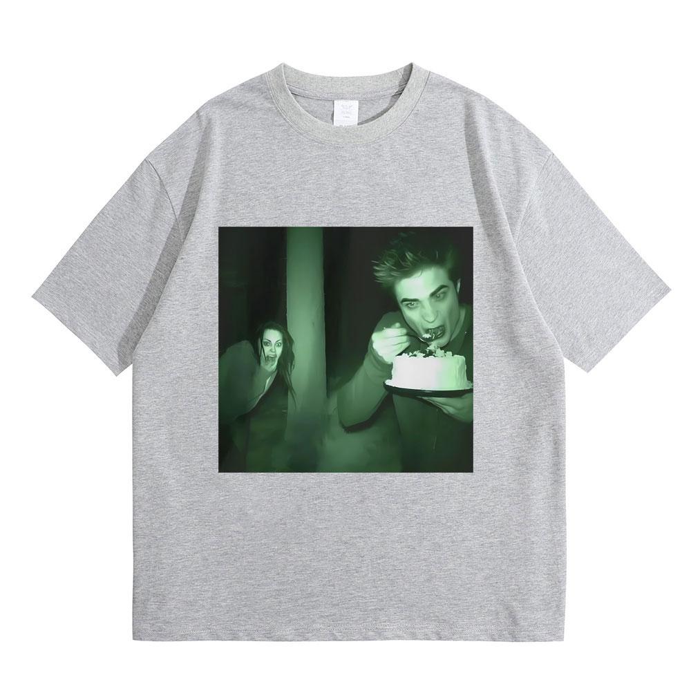 Funny Twilight Edward and Bella Trail Cam Rating Cake Print T-shirts Robert Pattinson Meme Tshirt Men Fashion Oversized T Shirts