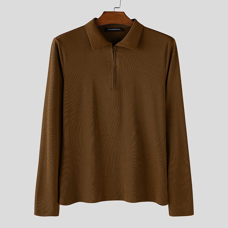 INCERUN Men Lapel Neck Long Sleeve Plain Texture Casual Tops T-Shirts 
