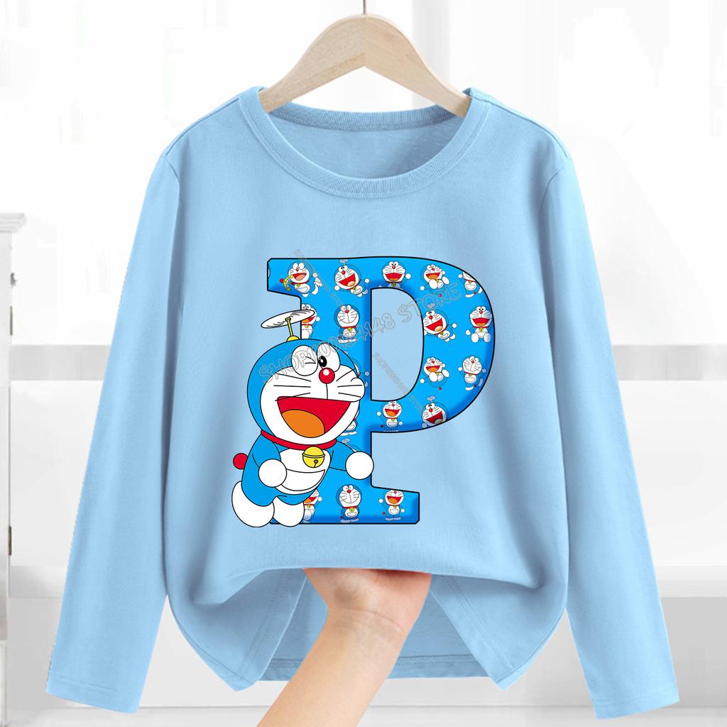 Doraemon Long Sleeve for Women Cartoon A-Z Letter Clothing Caftan Anime Clothes Blue Round Collar Blouse Gift