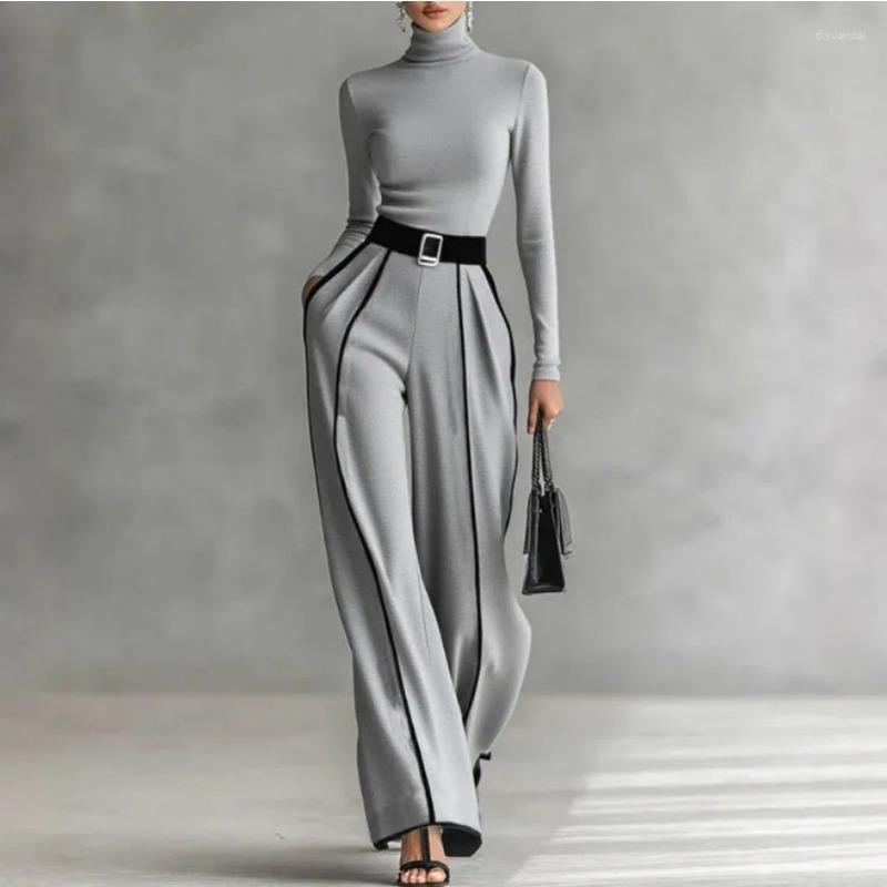 Women S Elegant Stand Collar Contrast Trim Waist Slimming 1 2 Sleeve Knit Wide Leg Pants Two Piece Set
