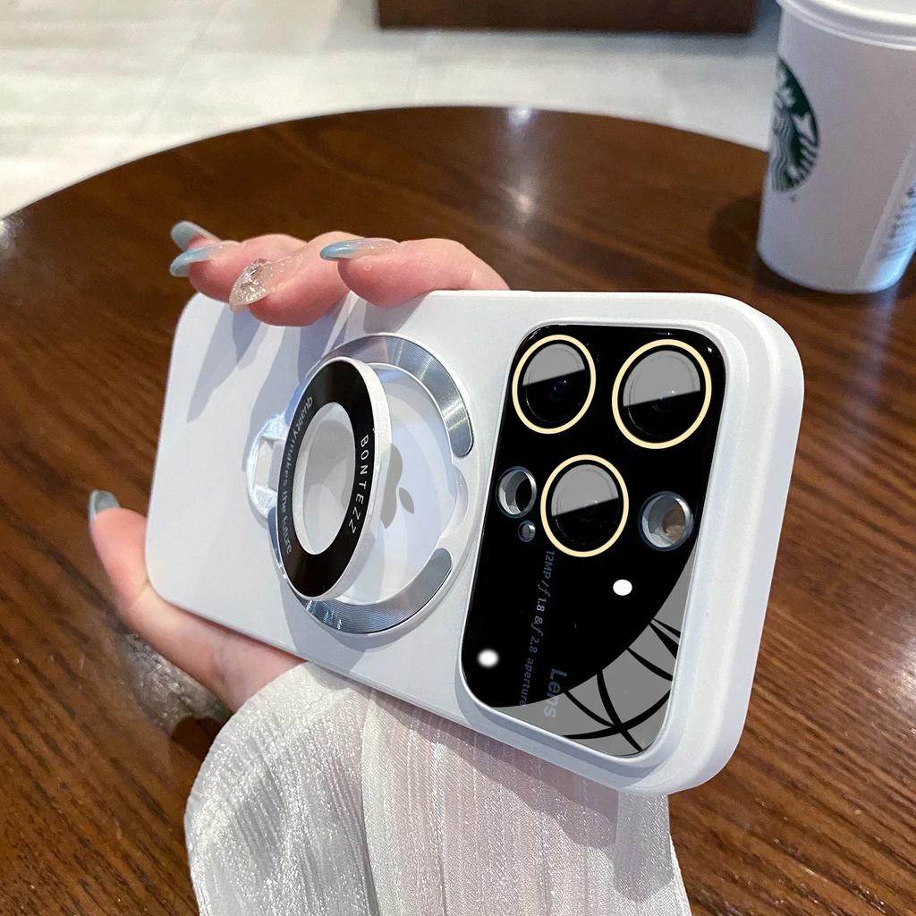 Slim Matte PC Bracket Case For iPhone 15 14 13 12 11 Pro Max 14 Plus For Magsafe Stand Holder Glass Lens Protector Luxury Cover