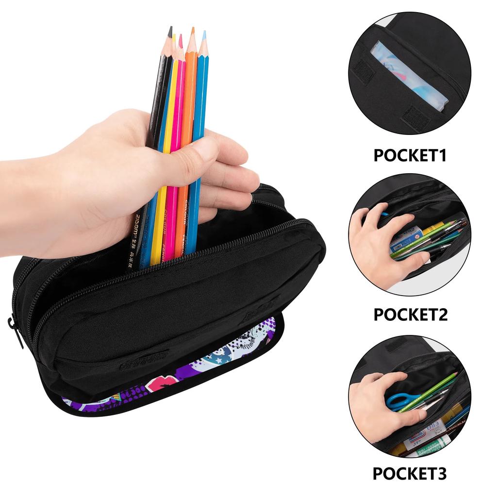 Pen Case Two Compartment Zipper Closure 300D Polyester with Dual Storage for Pens Ruler Scissors and Earphones for Students