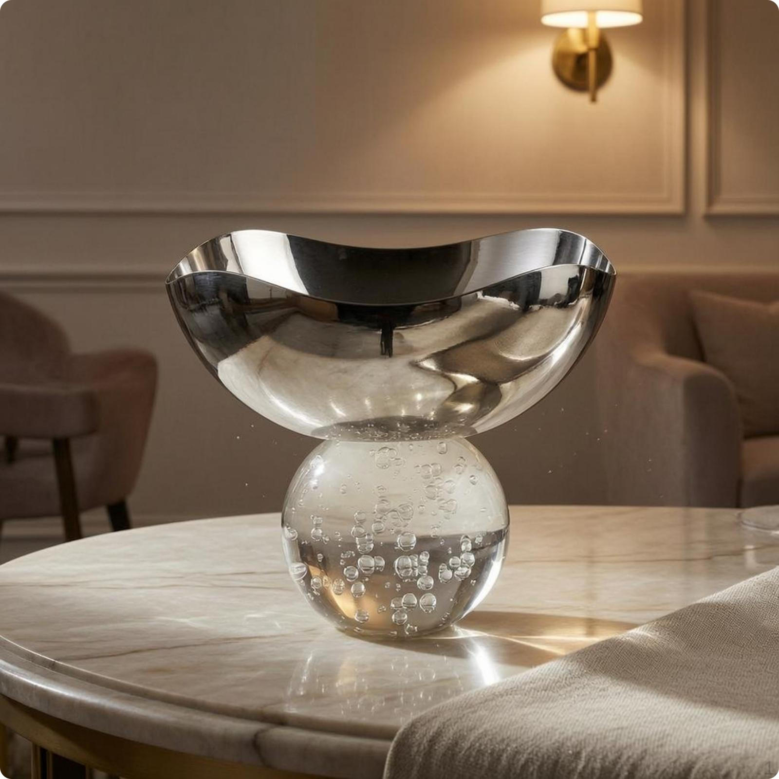 Stainless Steel Fruit Tray Mirror Finish Pedestal Bowl Transparent Base Decorative Serving