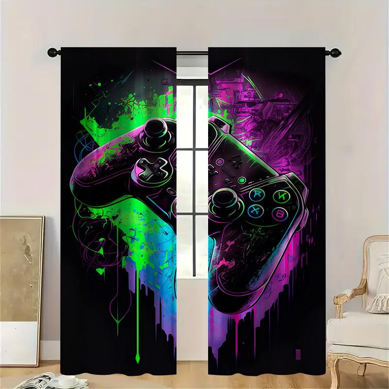 

Комплект игровых штор из 2 штук, дизайн с игровым контроллером и неоново-фиолетовым на черном, модные портьеры для спальни и гостиной, игровой декор 53cmX116cmX2pcs&Without mount