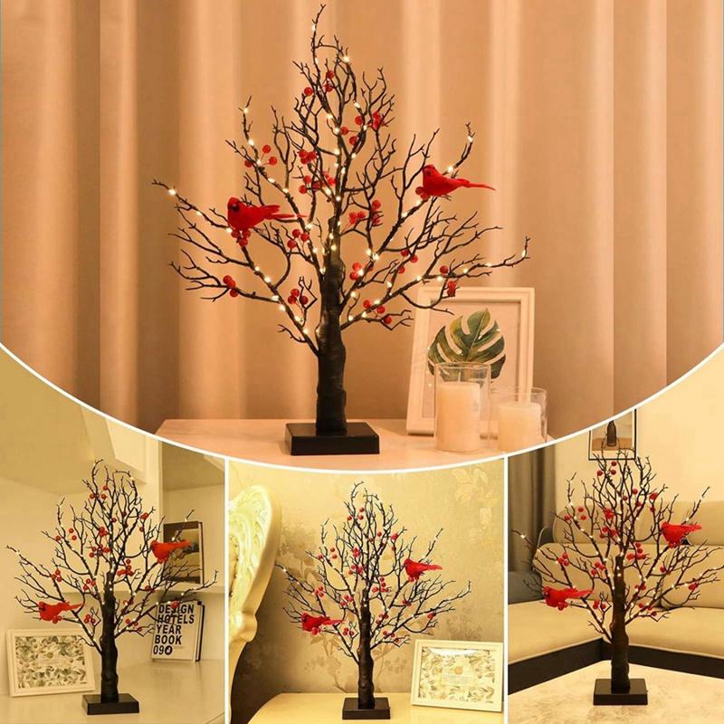 Plastic LED Christmas Tree With Two Birds Warm Light Simulation Birch Christmas Tree Table Decoration