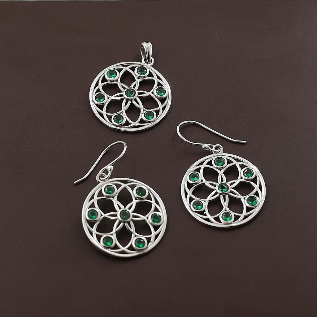 Green Zircon Pendant Earring Set, 925 Sterling Silver Handmade Jewelry, Silver Women Jewelry, Gift For Her An0446-384