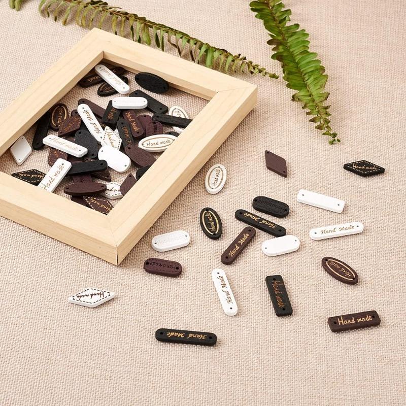 100PCS Handmade Wooden Tags Label Links Wood Decorative Buttons Embroidered Garment Label for DIY Sewing Knitting