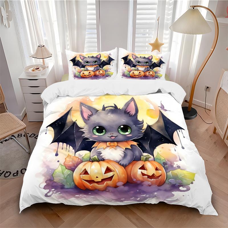 3pcs Lovely Halloween Bat Bedding Set - 1 Soft Quilt Cover + 2 Pillowcases, Machine Washable - Suitable for All Seasons, Perfect Gift for Family