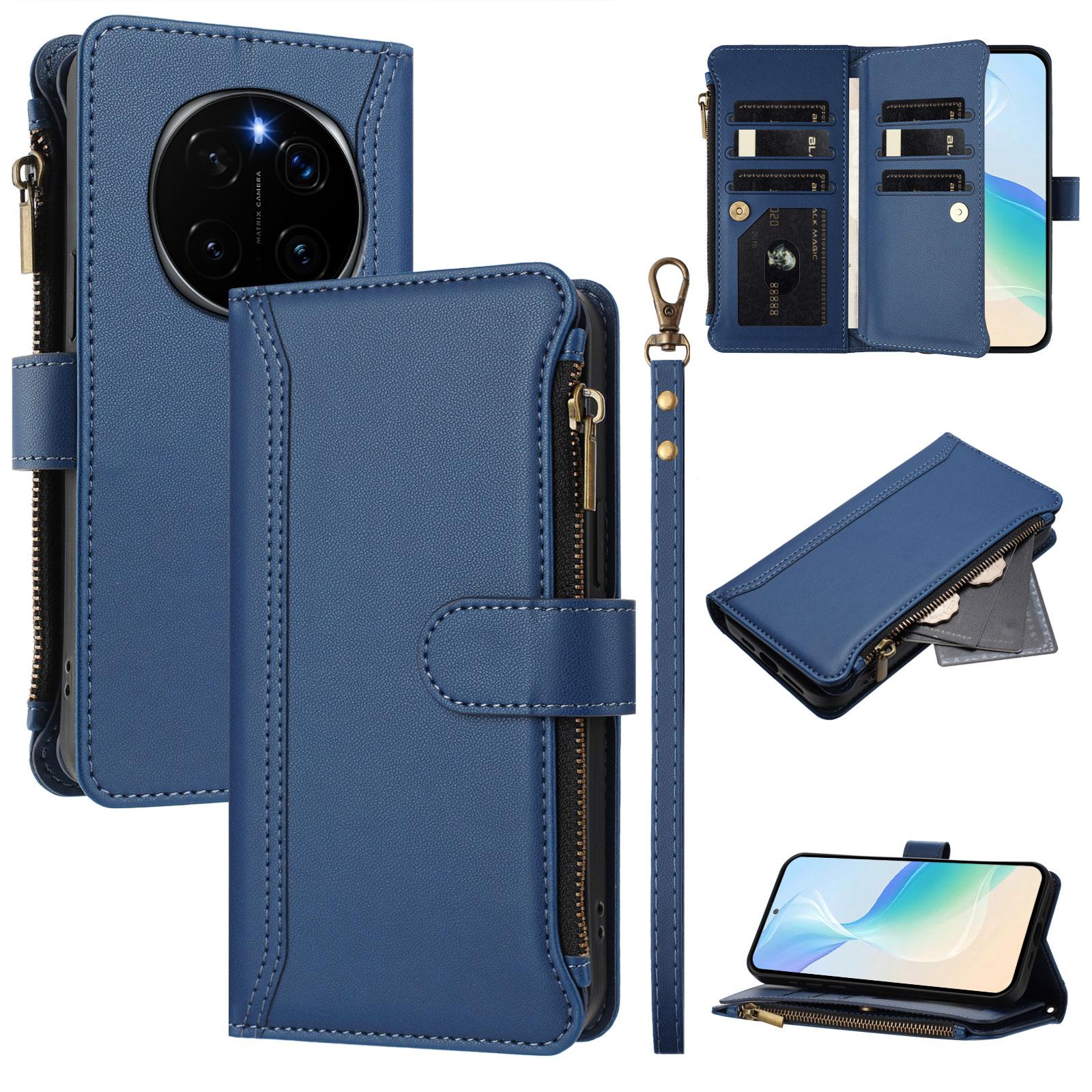 

For Honor Magic7 Pro 5G Leather Case 9 Card Slots Zipper Wallet Stand Phone Cover with Wrist Strap Dark Blue