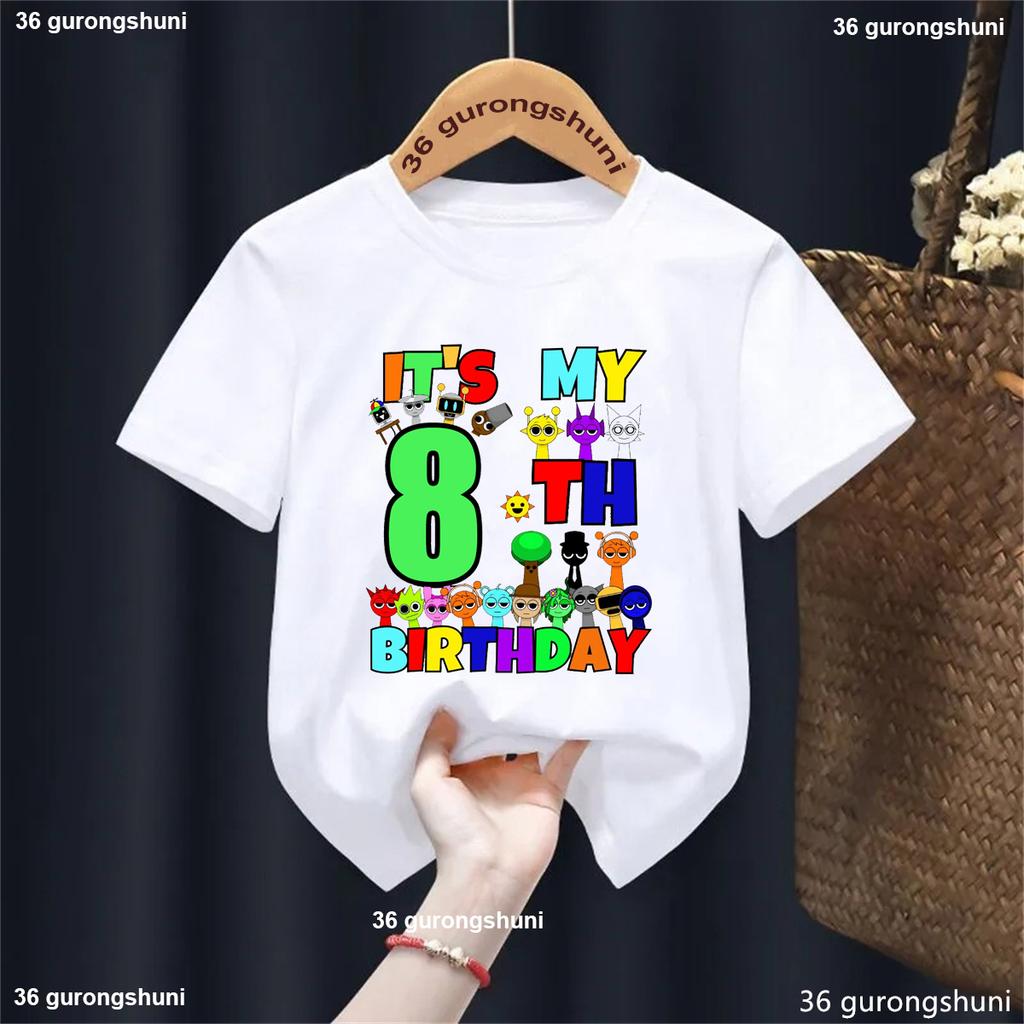 Nové tričko Sprunki k narozeninám pro kluky, Kreslené tričko s hrou Sprunki k narozeninám pro děti, Trička pro kluky ve věku 5-8 let It'S My Birthday Sprunki