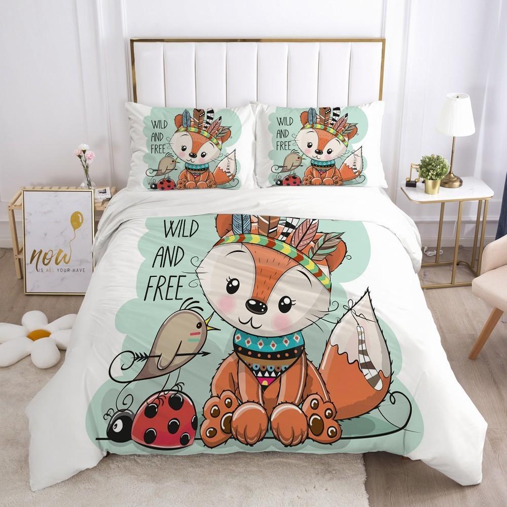Cartoon Duvet Cover Set Cute Owl And Lion Pattern Animal Theme Comforter Cover For Kid Boy Teen King Size Microfiber Quilt Cover