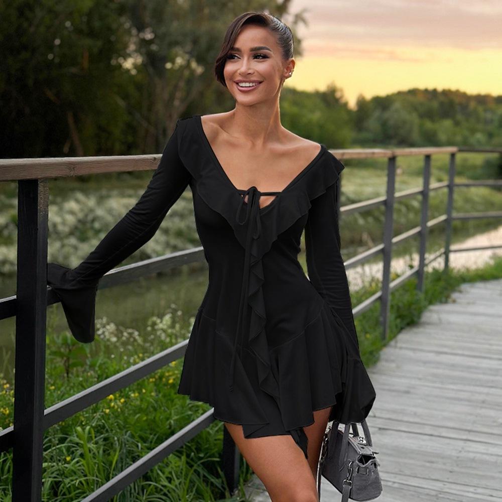 Fashion Sexy Big V Neck Irregular Mini Short Dress Ruffle Edge Flared Long Sleeve Slim Fit Evening Party Dress Streetwear Solid Color Women's Clothing