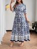 European and American Holiday Blue Retro Ethnic Print Dress - Slim Fit