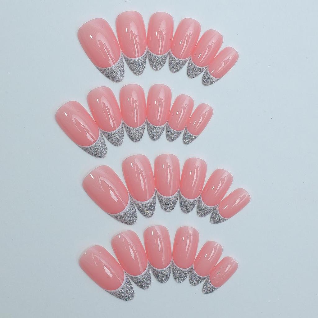 Exclusive Almond-Shaped French Glitter False Nails - Removable Nail Art