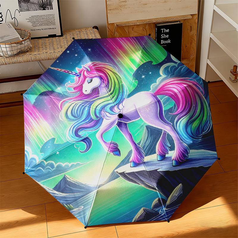 

1pc Enchanting Unicorn Umbrella Portable Folding Umbrella Iron Frame Hole Bone Structure Outdoor Home Umbrella