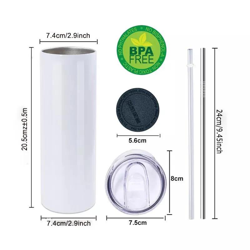 20oz Sublimation Skinny Tumblers Straight Blanks Stainless Steel Coffee Mugs With Lid and Plastic Straw Sippy Cups Reusable Ya741
