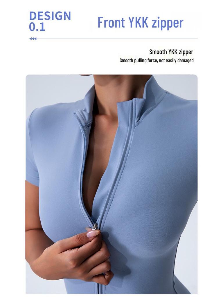 High-End Summer Yoga & Running Set: Zipper Collar, Quick-Dry, Short Sleeve Top for Women