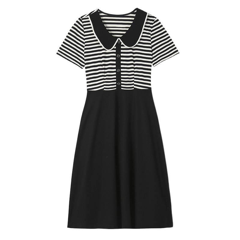 Plus Size Striped Patchwork Faux Two-Piece Slimming Short-Sleeve Summer Dress - Chic & Fashionable New Arrival