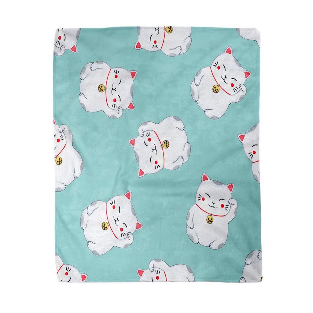 Fortune Cat Pattern Printed Blanket for Sofa Bed Travel Camping Living Room Office Conditioning Blanket for All Seasons Gifts