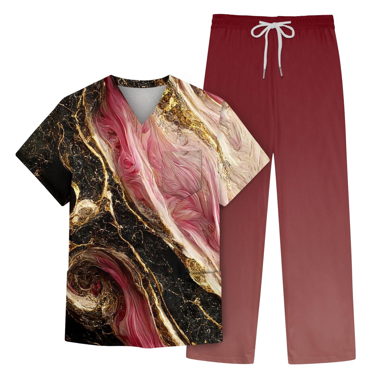 

Мужской короткий рукав с V-образным вырезом и принтом на груди, карман для ухода, топ, брюки с эластичной резинкой на талии, рабочий костюм из двух предметов XL горячий розовый