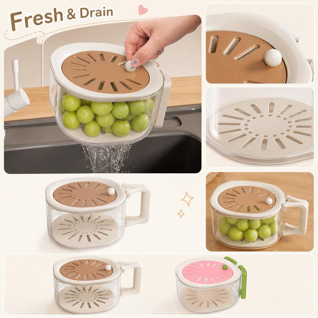 Household Drain Basket Dual Function Thickened Water Draining and Fresh-Keeping Fruit Basket with Lid and Handle Kitchen Strainer