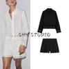 Cotton Crochet Long Sleeves Lapel Temperament Shirt 4786042 High Waist Crochet Details Shorts 4786129