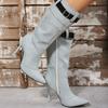 Denim belt buckle thin boots autumn and winter new thin heel pointed boots high heel medium tube fashion boots women