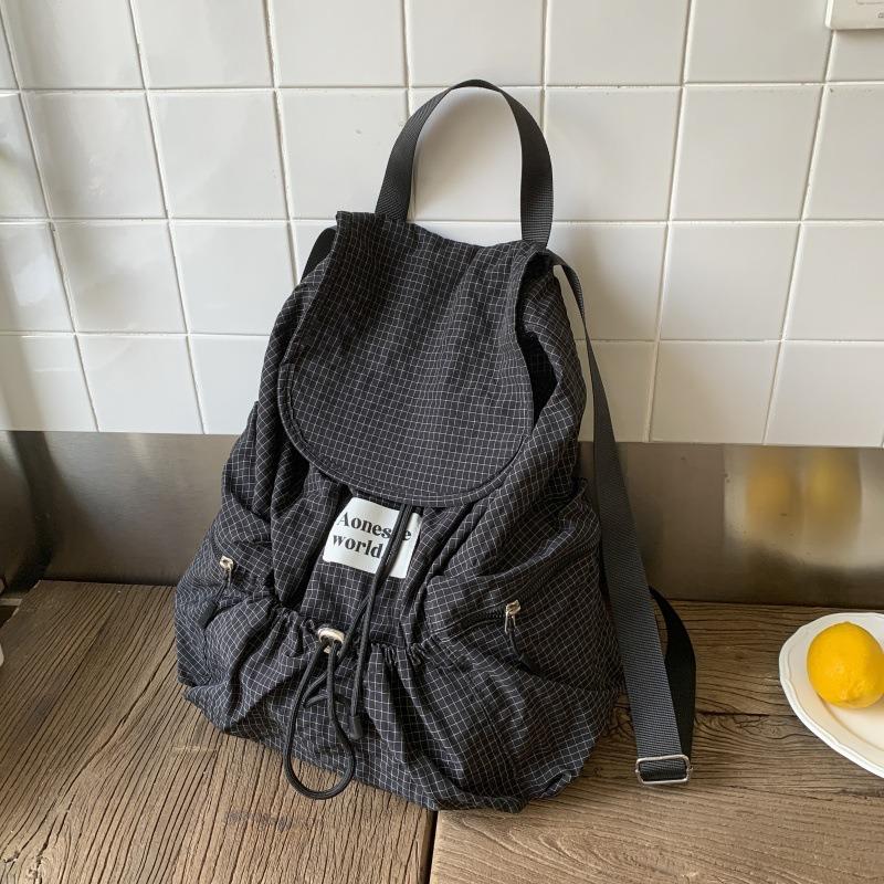 Lightweight Nylon Plaid Backpack, New Large-capacity Lazy Style Versatile Drawstring Tote Bag