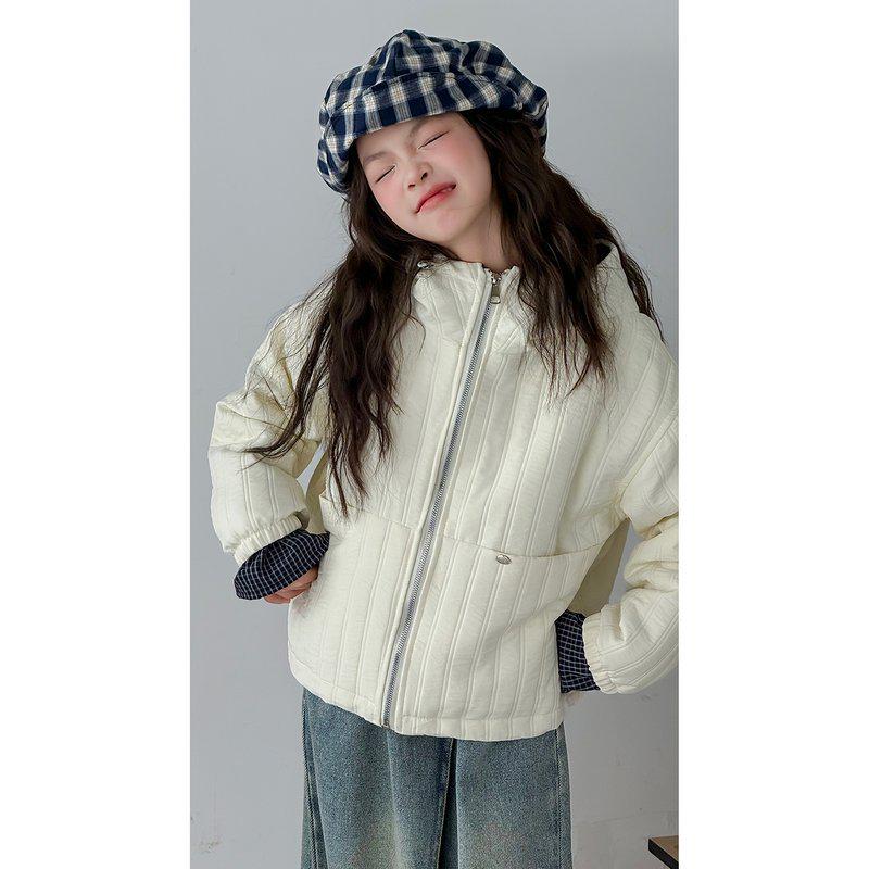 

Girls 2025 Color Block Hooded Cotton-Padded Jacket - Stylish Autumn & Winter Coat 170 cm белый