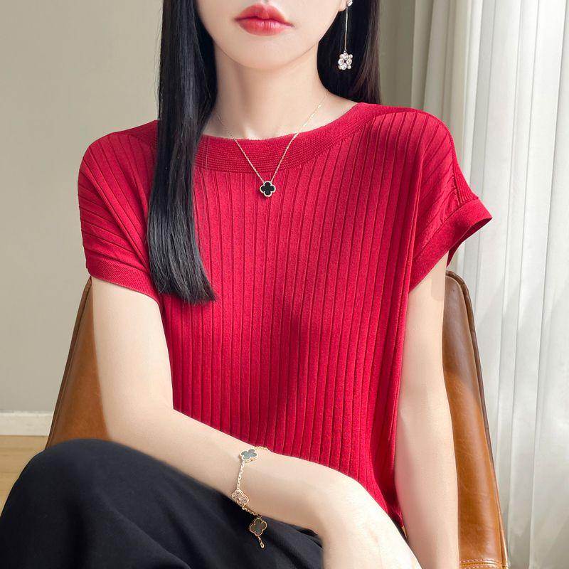 Fashion Slash Neck Women Sweater Ice Silk Spring Summer Knitted Sweater Loose Casual Korean Shirts Short Sleeve Knitwears